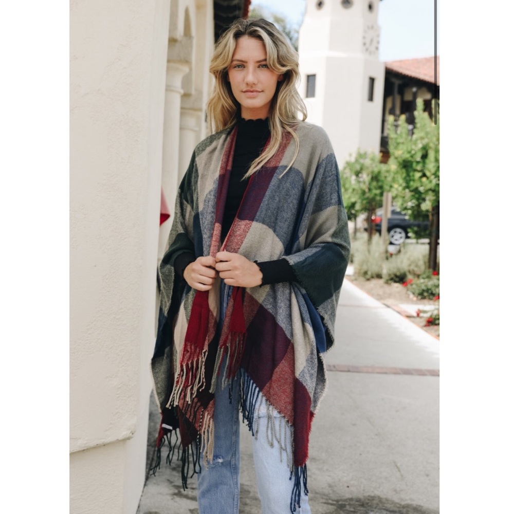 Red Navy Cream Plaid Fall Ruana Poncho Shawl Scarf - Picture 2 of 8